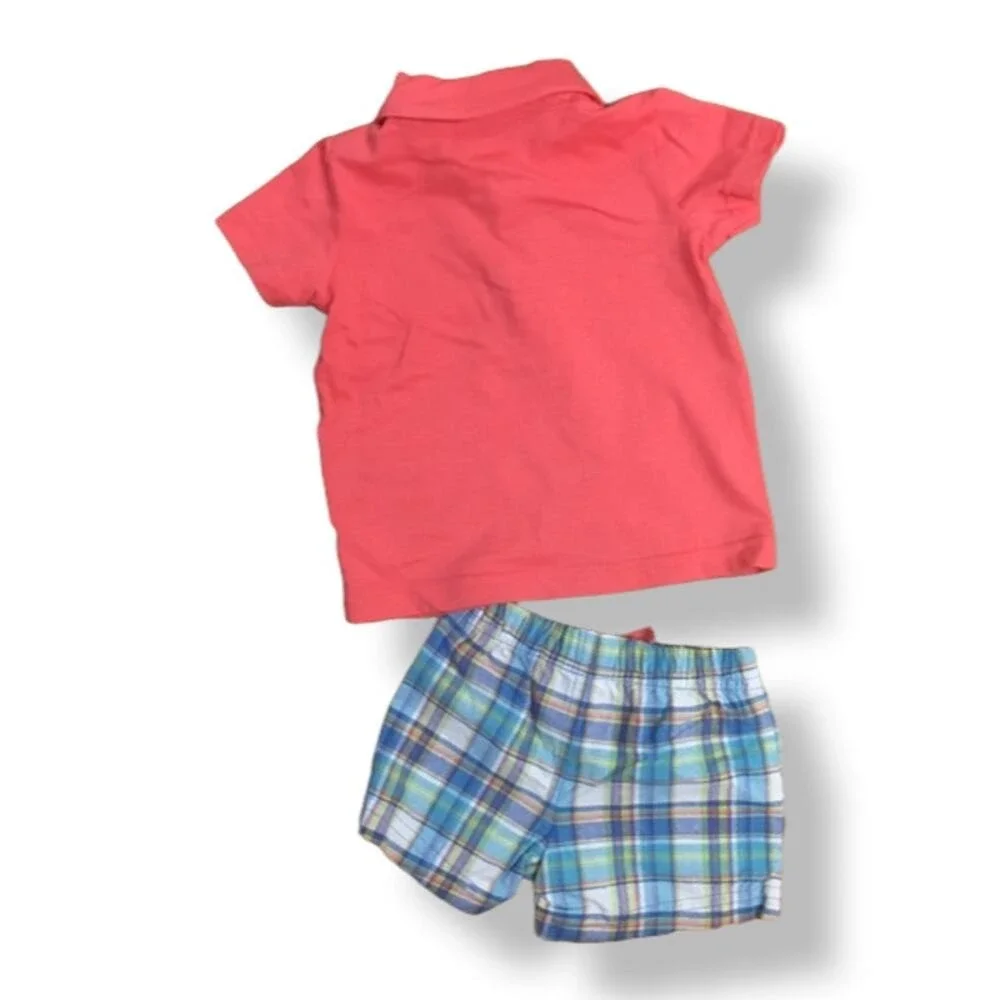 Child of Mine Boys Outfit Size 0-3 Months Orange Blue Baseball Polo Plaid Shorts